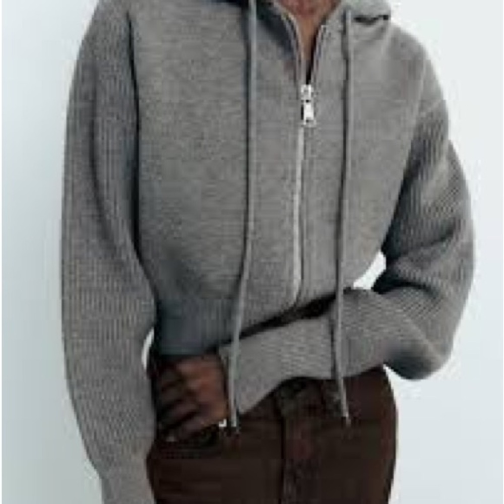 Zara Charcoal Zip-Up Hooded Knit Sweater | Cozy Casual Hoodie